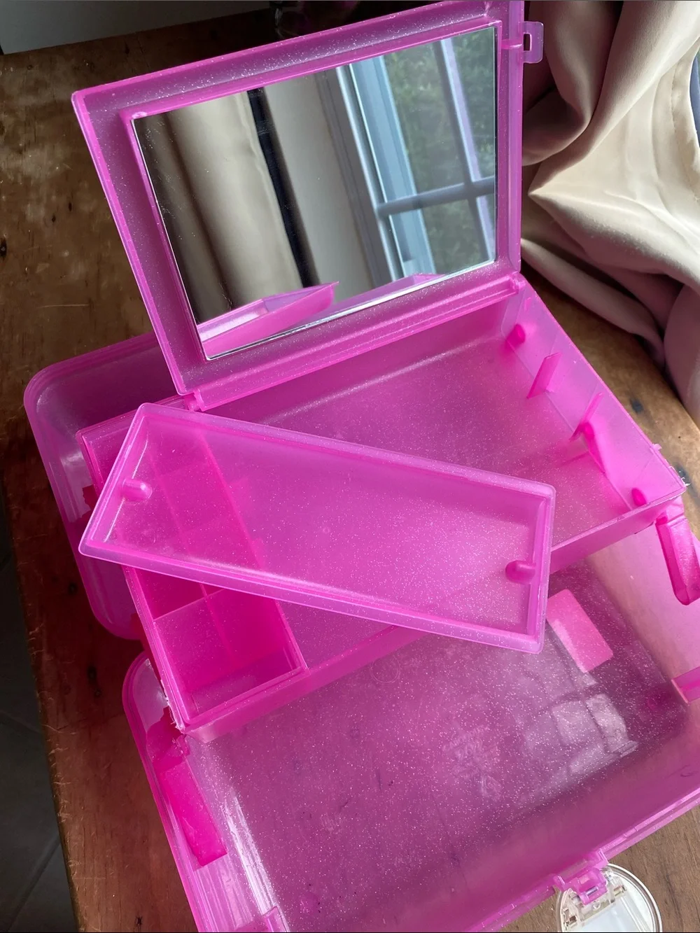 Pink Glitter Translucent Caboodle with Mirror Makeup Caddy Craft Caddy